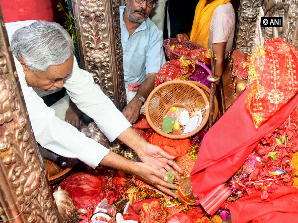 CM Nitish Kumar at the Badi Patan Devi temple in Patna on Sunday. 