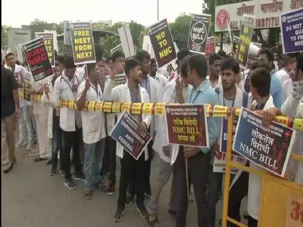 Doctors protesting against NMC bill outside AIIMS on Monday. Photo/ANI
