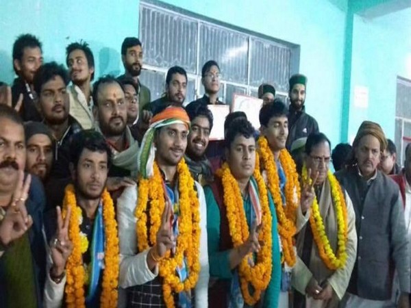 The victorious NSUI candidates of Sampurnanand Sanskrit Vishwavidyalaya student elections on Wednesday. Photo/ANI