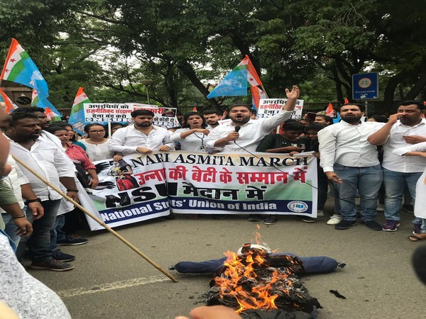 NSUI members during 'Nari Asmita' protest march in Delhi on Monday. 