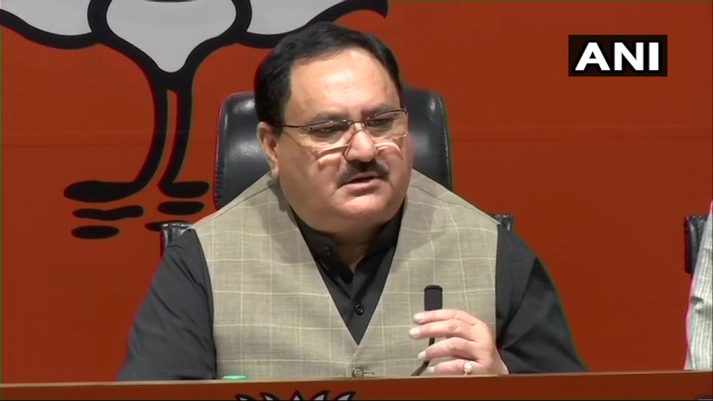 BJP's Central Election Committee secretary Jagat Prakash Nadda while addressing a press conference in New Delhi on Saturday. Photo/ANI