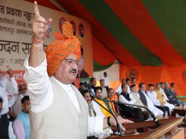 BJP working president JP Nadda speaking at a rally in Bilaspur on Monday. Photo/Twitter