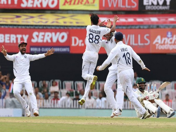 Shahbaz Nadeem celebrating after picking his first Test wicket. (Photo/BCCI Twitter)