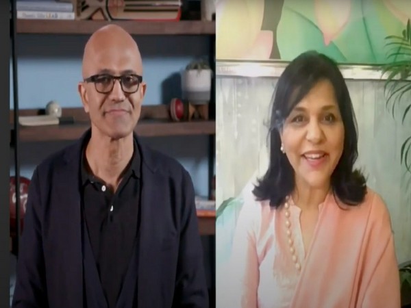 Microsoft CEO Satya Nadella (left) and FICCI President Dr Sangita Reddy (right) at AI and the New Digital World Ahead session at 93rd AGM of FICCI. Photo/ANI