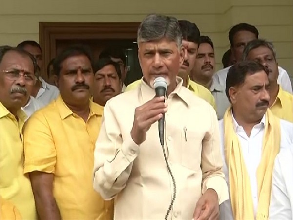 Former Andhra Pradesh Chief Minister N Chandrababu Naidu addressing reporters from his residence on Wednesday in Amravati. Photo/ANI