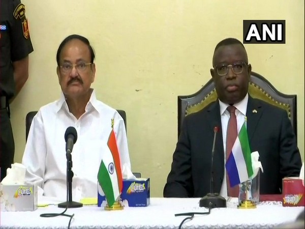Vice President M Venkaiah Naidu and President of Republic of Sierra Leone Julius Maada Bio, at the State House in Freetown on Sunday. 