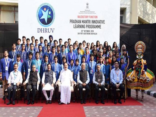 Vice President M Venkaiah Naidu with the meritorious students and other officials in New Delhi on Wednesday. Photo/PIB