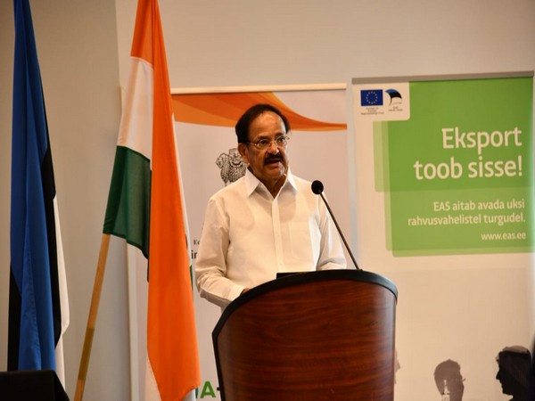 Vice President Venkaiah Naidu addressing the India-Estonia Business Forum in Tallinn on Wednesday evening (local time) (Picture Credits: Vice President of India/Twitter)
