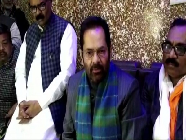 Union Minorities Affairs Minister Mukhtar Abbas Naqvi talking to reporters in Rampur, UP on Sunday. Photo/ANI