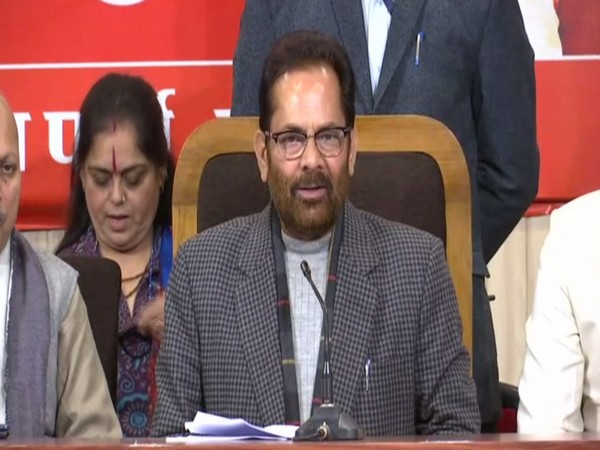 Union Minority Affairs Minister Mukhtar Abbas Naqvi addressing a press conference in Lucknow, UP on Friday. Photo/ANI