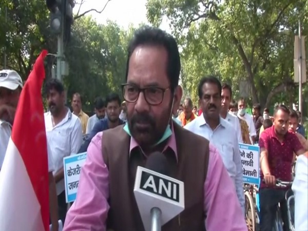 Union Minister Mukhtar Abbas Naqvi talking to ANI on Sunday. Photo/ANI