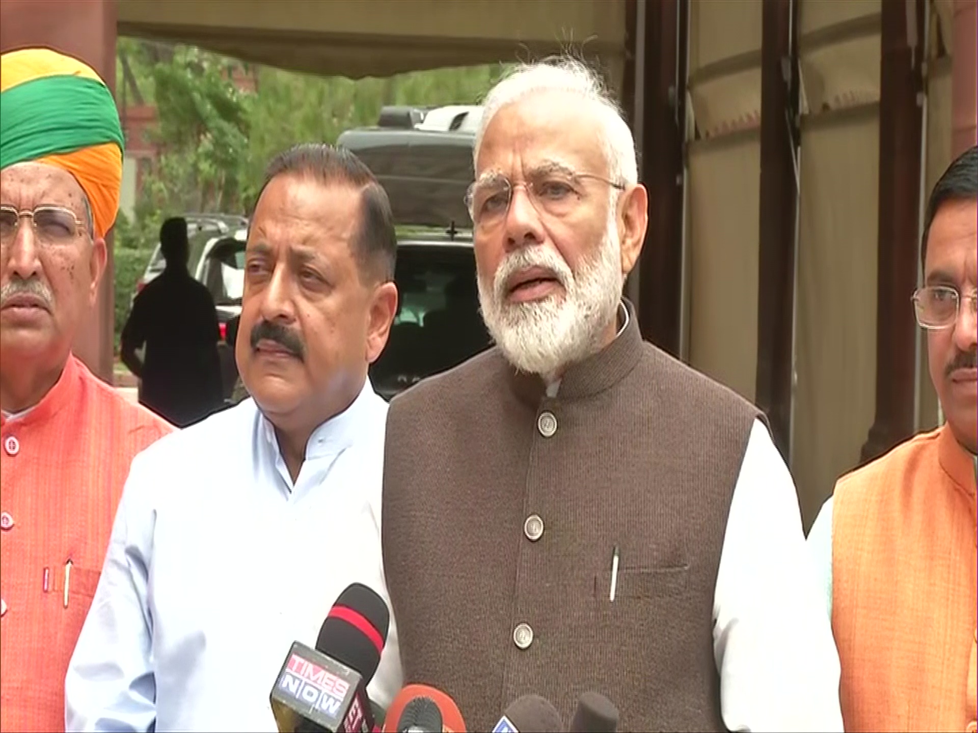 Prime Minister Narendra Modi addressing the media outside Parliament Photo/ANI
