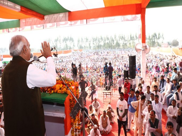 Former Haryana Chief Minister Bhupinder Singh Hooda speaking at a public meeting in Narnaud, Haryana, on Sunday. Photo/ANI      