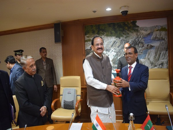 Rajya Sabha Chairman M Venkaiah Naidu and Speaker of Maldives Parliament Mohamed Nasheed in New Delhi on Monday.