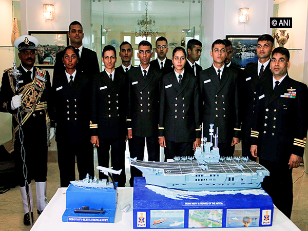 Indian Navy officials with the model of Navy tableau for the Republic Day parade in New Delhi on Wednesday.