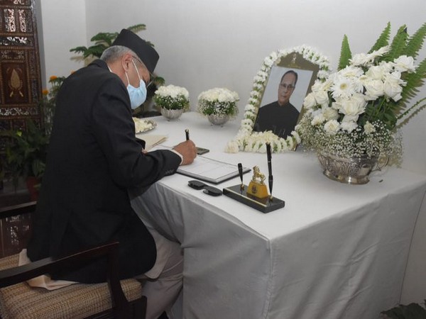 Nepal Foreign Minister signing the condolence book for former Indian President Pranab Mukherjee at Indian Embassy in Kathmandu on Friday. (Photo source: Nepal Foreign Ministry Twitter)