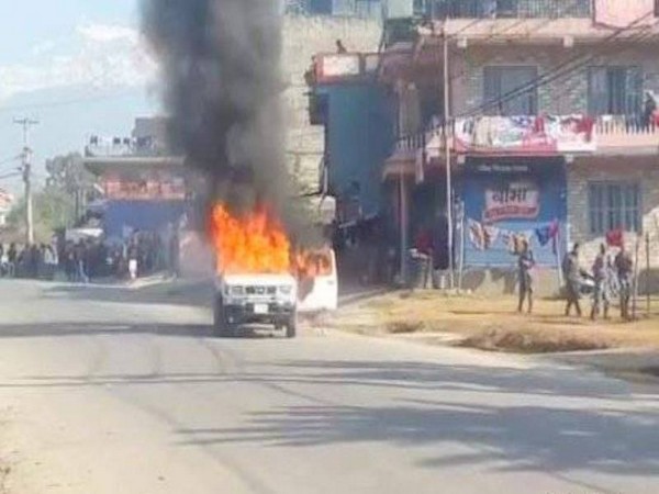A vehicle on fire in Nepal on Wednesday 