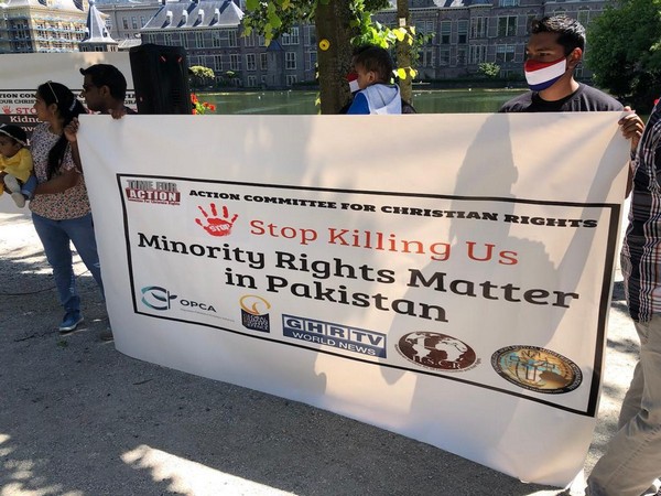 Overseas Pakistani Christian alliance holding demonstration against kidnapping, forced conversion, forced marriages of Pakistani minor Christian's girls before Dutch Parliament (ANI)