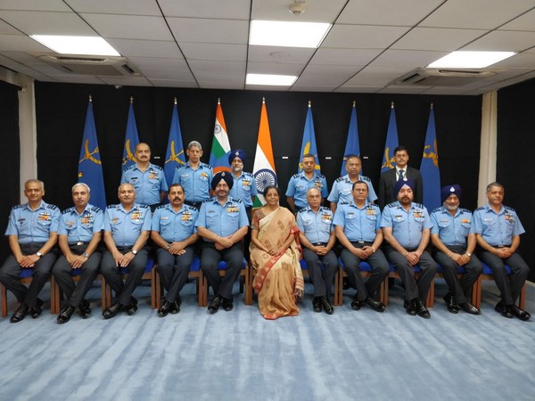 Defence Minister Nirmala Sitharaman with IAF Commanders in New Delhi on Thursday.