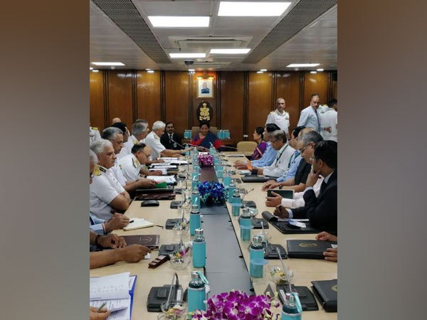 Defence Minister Nirmala Sitharaman addresses Indian Navy officials at a meeting in New Delhi