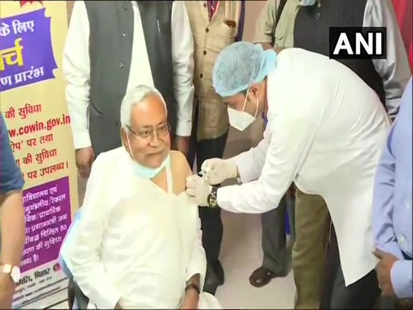 Bihar CM Nitish Kumar taking his first dose of COVID-19 vaccine in Patna on Monday.