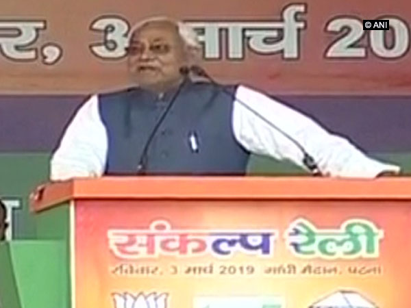 Bihar Chief Minister Nitish Kumar addressing 'Sankalp Rally' in Patna, Bihar on Sunday. Photo/ANI