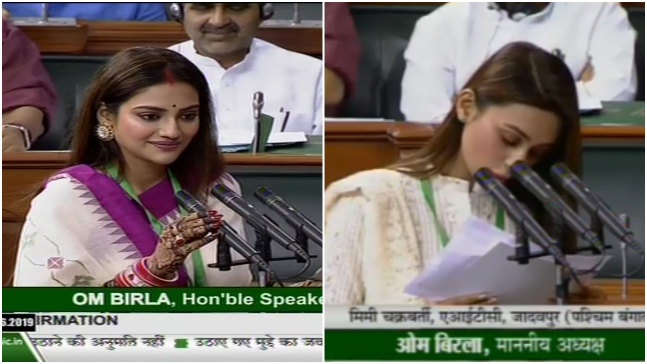 Nusrat Jahan and Mimi Chakraborty taking oath as members of the Lok Sabha (Image courtesy: Lok Sabha TV)