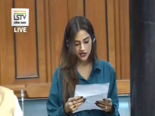 TMC MP Nusrat Jahan at the Lok Sabha on Thursday. Photo/LSTV