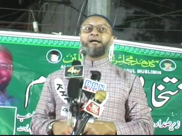 AIMIM chief Asaduddin Owaisi addresses a public meeting in Hyderabad on Tuesday. (Photo/ANI)