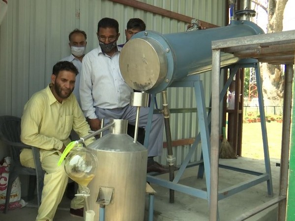 Workers extracting oil from flowers using in oil extraction plant in Srinagar. (Photo/ANI)