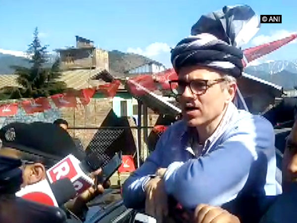 National Conference leader Omar Abdullah talking to reporters in Bandipora on Monday. Photo/ANI