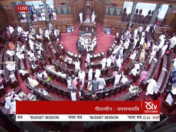 Opposition MPs walkout from Rajya Sabha on Tuesday over US President Donald Trump's statement on Kashmir issue. (Photo courtesy: RS TV)