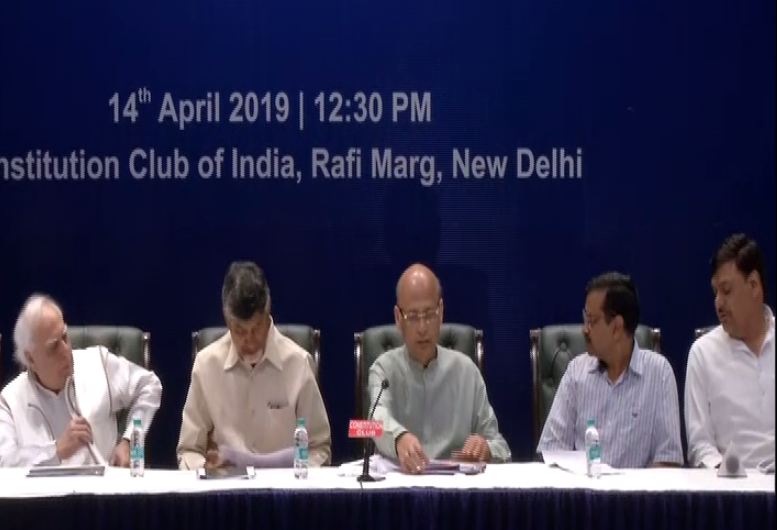 Opposition leaders addressing a joint press briefing in New Delhi on Sunday. (ANI photo)