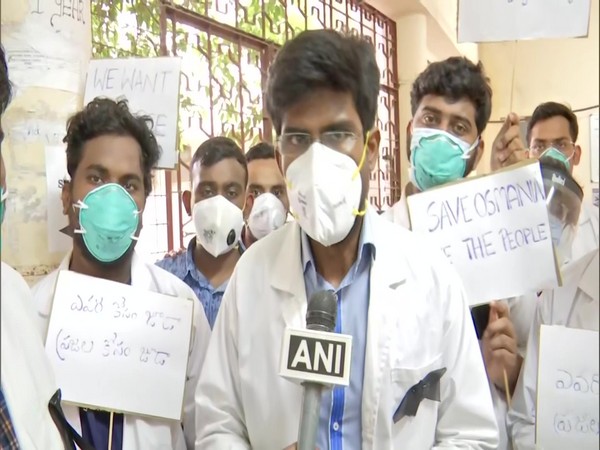 Junior doctors of Osmania General Hospital protesting in Hyderabad over alleged lack of basic medical facilities to treat patients.