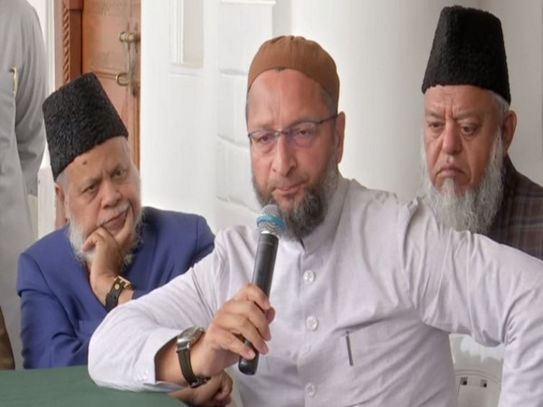 AIMIM leader Asaduddin Owaisi speaking to reporters in Hyderabad on Tuesday. Photo/ANI