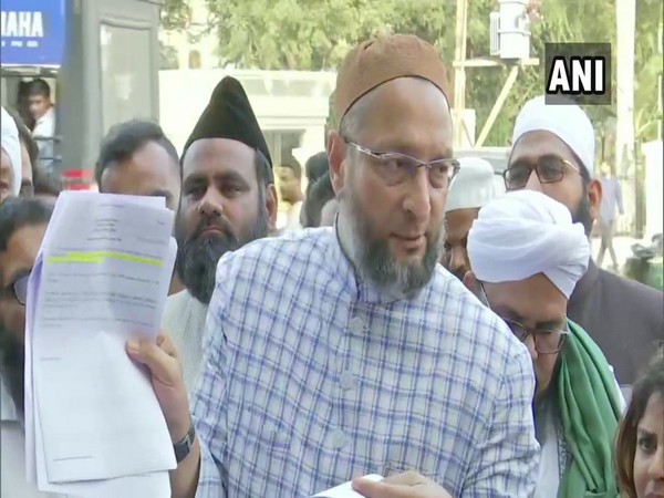 AIMIM leader Asaduddin Owaisi talking to reporters in Hyderabad on Wednesday. Photo/ANI