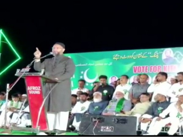 AIMIM chief Asaduddin Owaisi speaking at a public meeting in Nizamabad on Saturday. Photo/ANI
