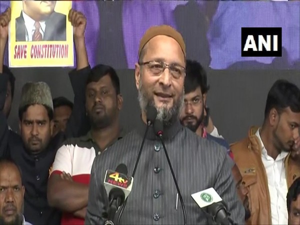 AIMIM chief and MP Asaduddin Owaisi speaking at an event in Hyderabad on Friday. Photo/ANI