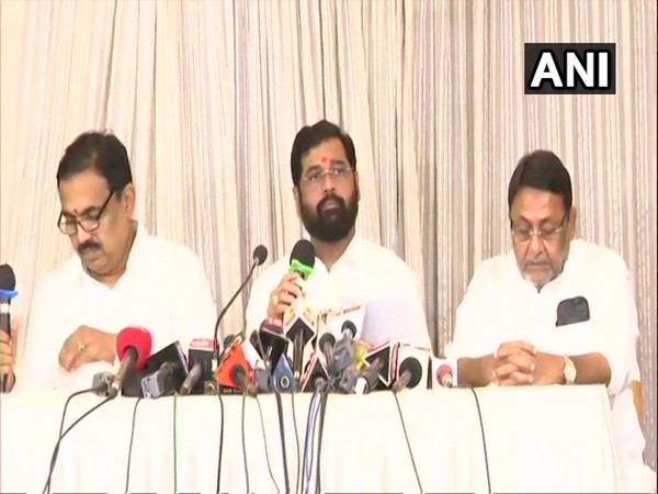 Eknath Shinde, Shiv Sena at press conference of 'Maha Vikas Aghadi' in Mumbai on Thursday. Photo/ANI