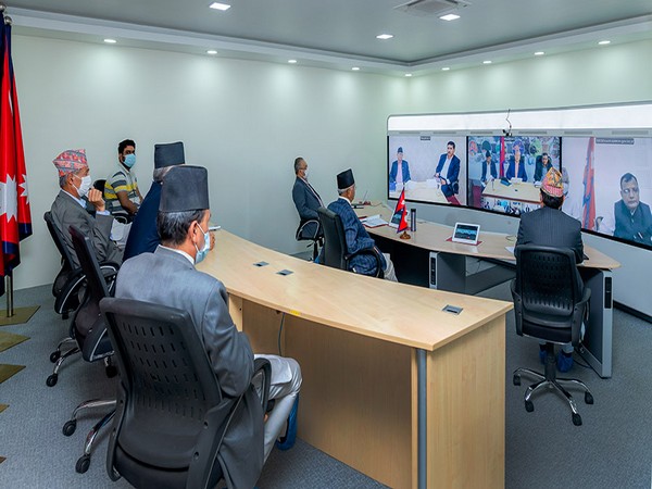 Nepal Prime Minister KP Sharma Oli during a video conference with chief ministers of seven states