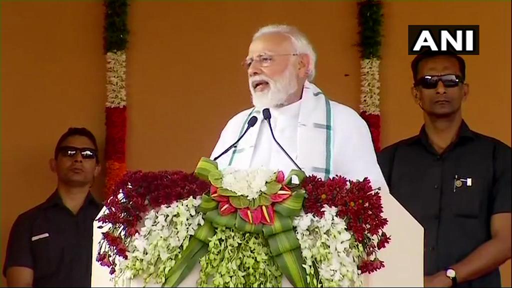 Prime Minister Narendra Modi while addressing a rally in Kancheepuram, Tamil Nadu on Wednesday