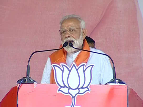 Prime Minister Narendra Modi addressing an election rally in Assam on Thursday. Photo/ANI