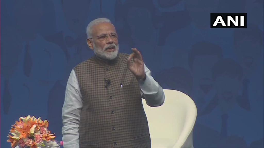 Prime Minister Narendra Modi speaking at 'Mai Bhi Chowkidar' programme in New Delhi on Sunday. Photo/ANI