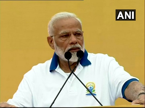 PM Modi addressing crowd on the fifth International Yoga Day in Ranchi on Friday. Photo/ANI