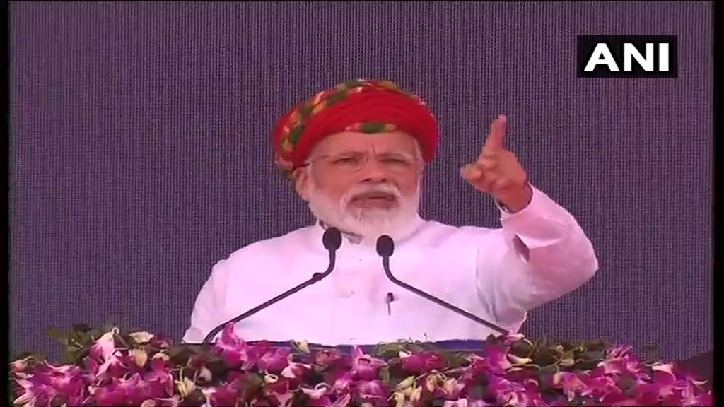 Prime Minister Narendra Modi speaking at a public rally in Jamnagar on Monday.