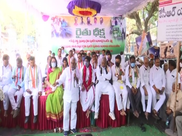 A visual from the protest held by Congress party in Hyderabad. (Photo/ANI)