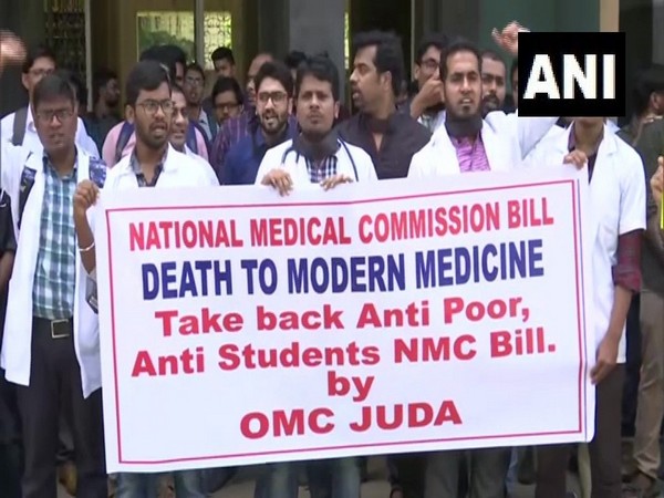 Doctors while protesting against NMC bill at Osmania Medical College in Hyderabad on Wednesday. Photo/ANI