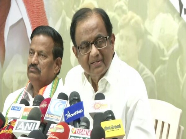 P Chidambaram addressing a press conference in Chennai on Monday. Photo/ANI