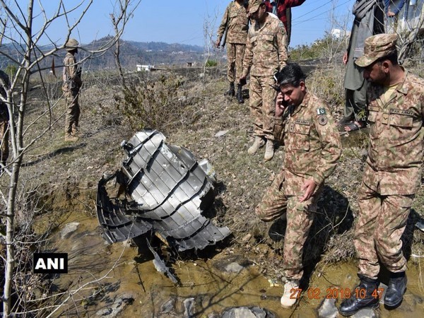 Wreckage of the downed Pakistan Air Force fighter aircraft (F-16), shot down by a MiG 21 Bison of the IAF yesterday, found in PoK on Thursday. Photo/ANI