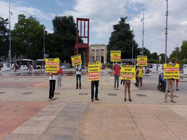 The Pakistani Hindus in Geneva protesting against persecution against the minority community. Photo/ANI